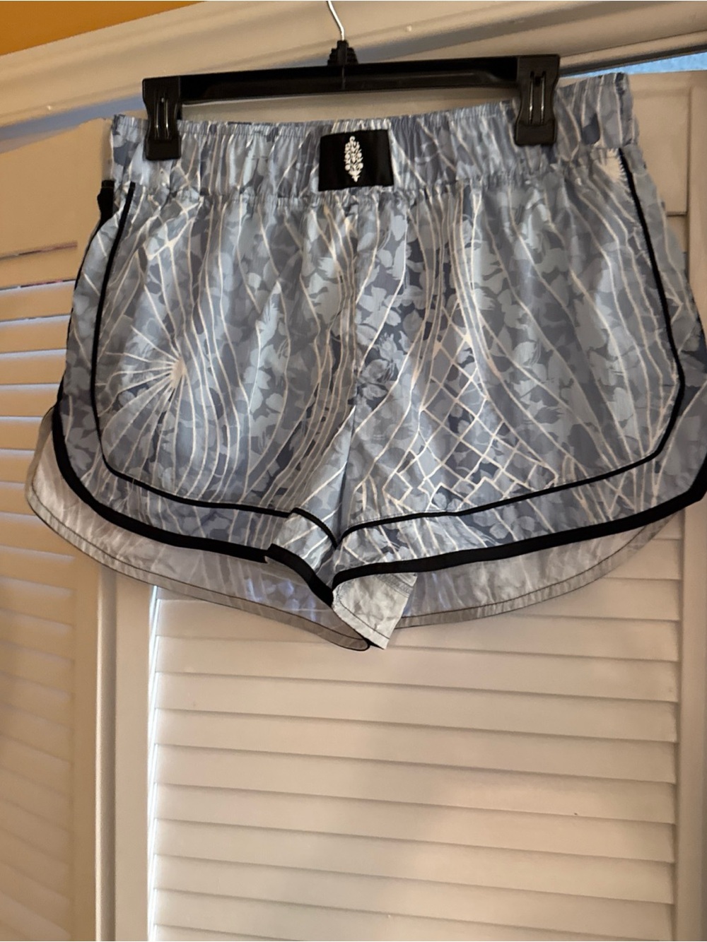 Silky Light Blue Patterned Women's Shorts with Black Piping